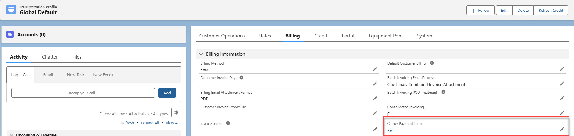 Billing information section on the global transportation profile showing carrier payment terms selected.